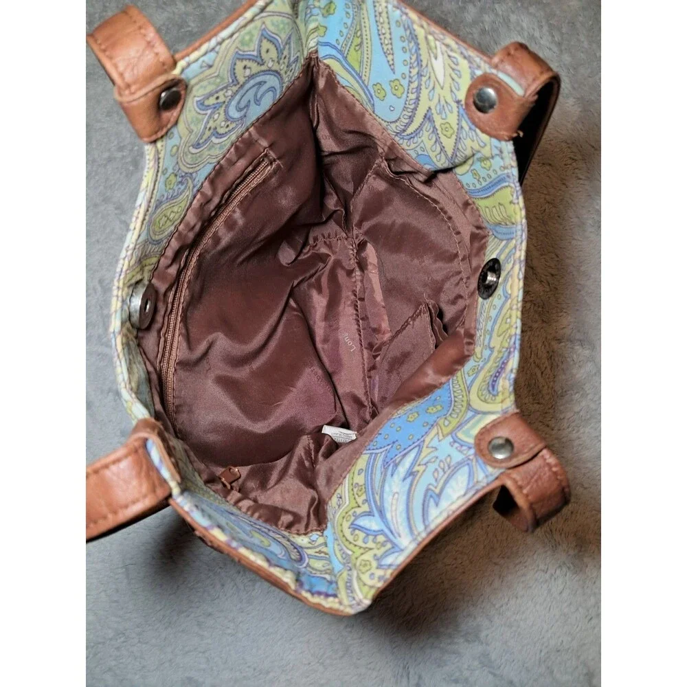 Longaberger Small Tote Blue And Green Paisley Print Faux Leather Trim & Handles